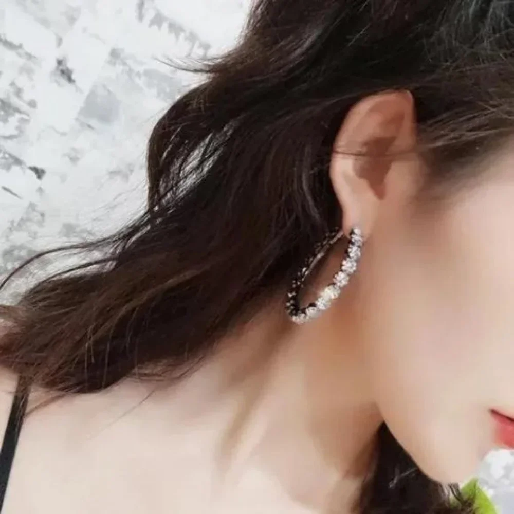 NEW Luxury Hoop Micro Paved Shiny Diamond Earrings - Picture 4 of 5